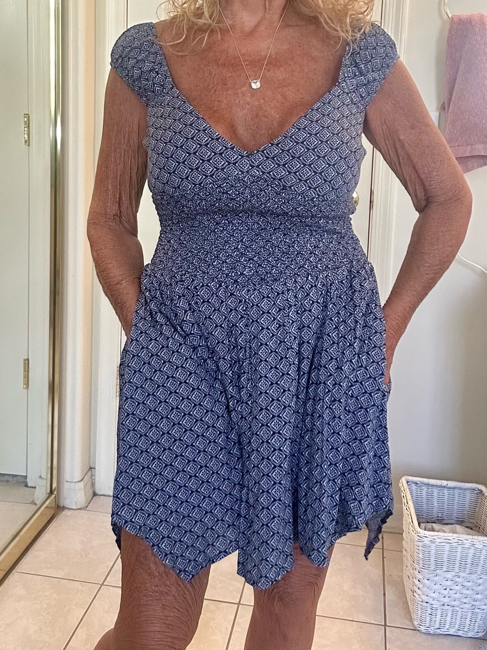 Hollister Blue Diamond-Print V-Neck Cap Sleeve Mini Dress M NWOT Lined Pockets